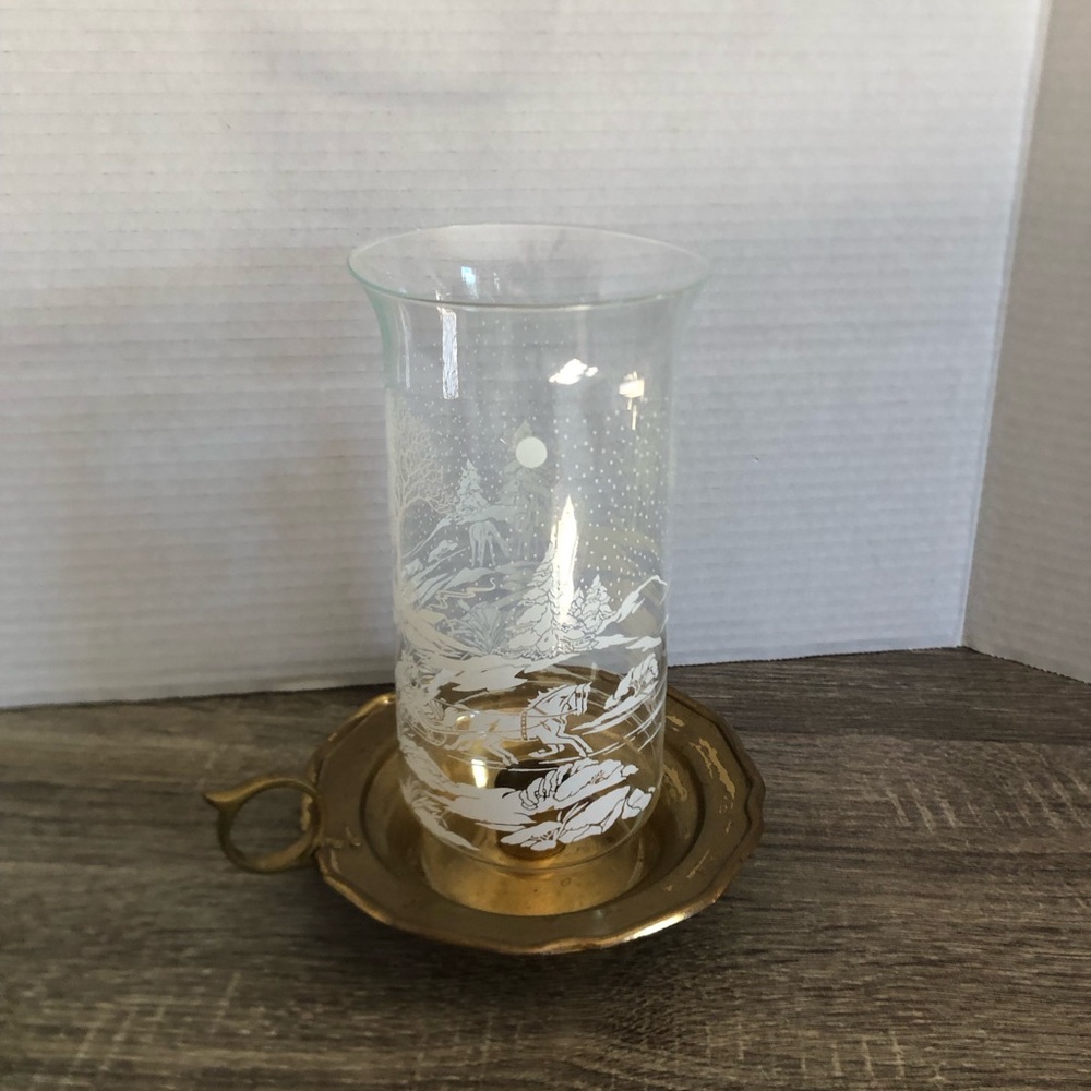 Vtg Winter Hurricane Lantern with Brass Base